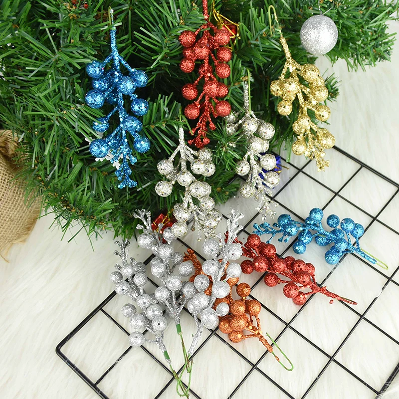 

3pcs Glitter Artificial Cherry Berry Christmas Tree Decoration For Home Fake Flowers Xmas Party New Year Hanging Ornaments