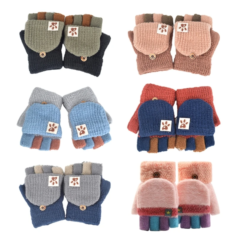 

2021 New Kids Baby Winter Knit Patchwork Convertible Fingerless Gloves with Mitten Cover