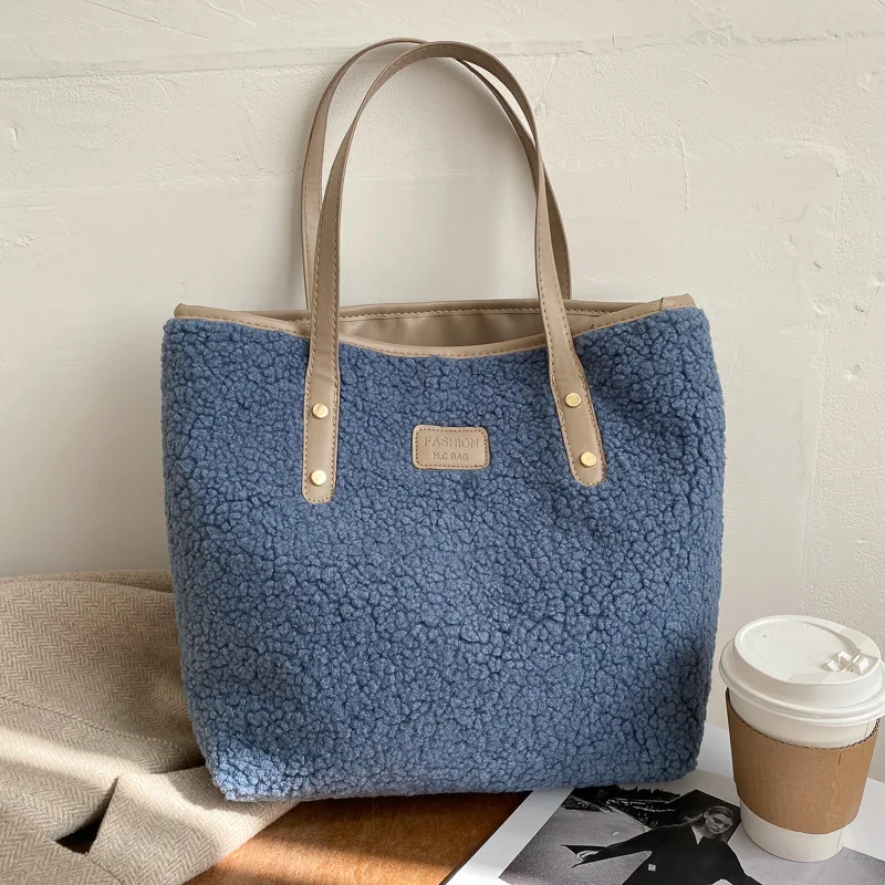 Fashion Lambswool Tote Women Handbag Designer Winter Faux Fur Shoulder Bag Warm Plush Shopper Bags for Women 2021 Fluffy Purse