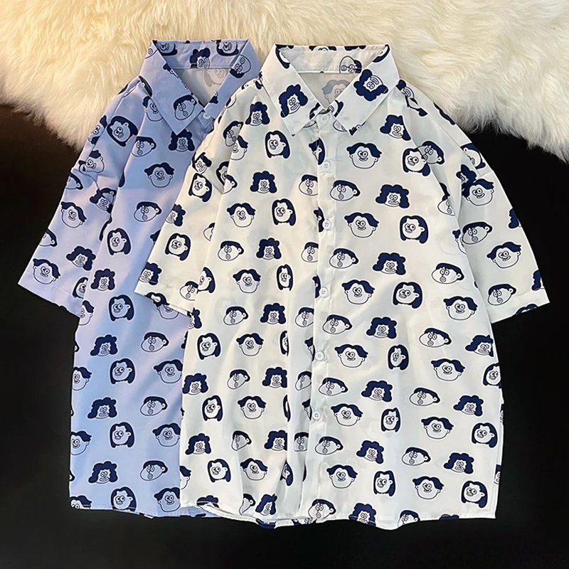 

Summer Shirt Women Oversize College Style Loose Short Sleeve Lapel Blouse Cartoon Avatar Pattern Print Straight Single Breasted