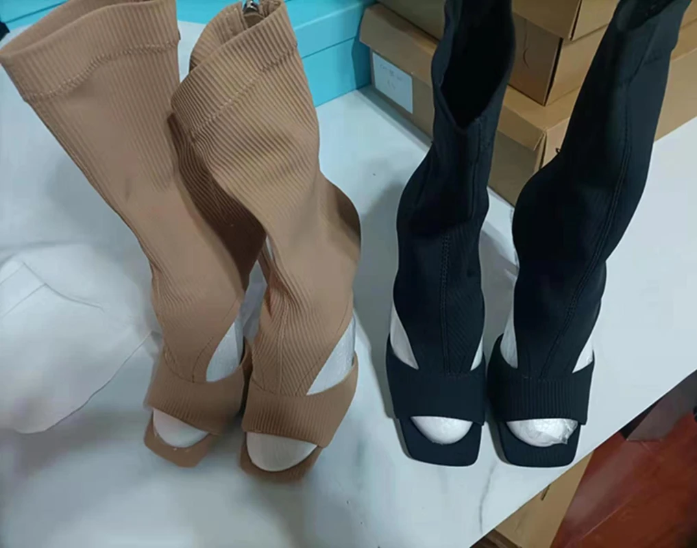 Skintight Knitting Upper Sexy Short Booty for Women Hollow Stretch Peep Toe Ankle Boots High Heel Autumn Sock Boots Size 43