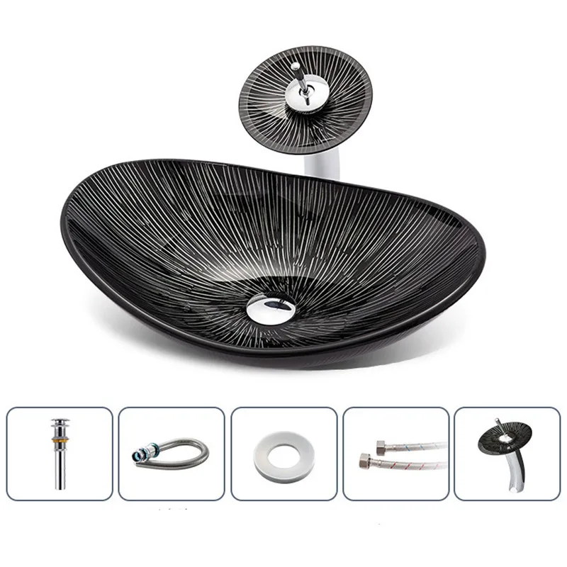 

Bathroom Sink Black Wash Basin Tempered Glass Basin Sink with Waterfall Faucet Vessel Sinks with Drainer Set Toilet Sink