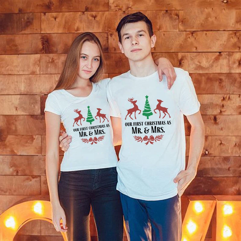 

Harajuku Family T Shirt Short Sleeve Clothes 1pcs Our First Christmas As Mr Mrs Couple Matching T-shirt Kawaii Graphic Tees