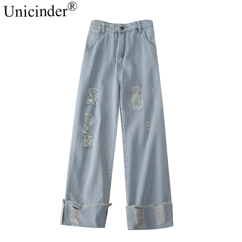 

Unicinder 2021 Spring Plus Size Ladies Wide Leg Nine Minutes of Pants Button Fly High Jeans for Women Denim Woman Ripped Jeans