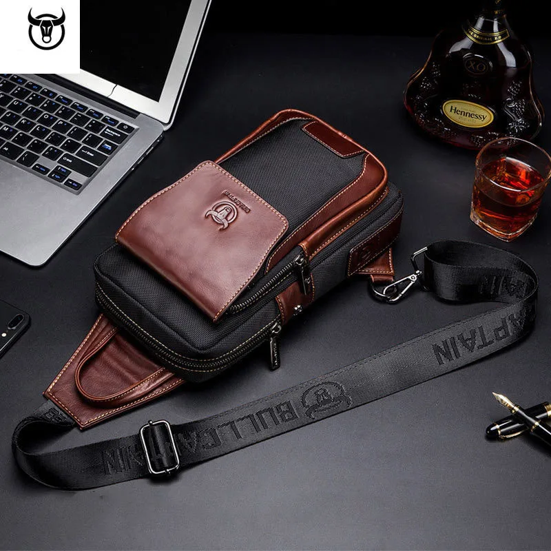 BULLCAPTAIN Hot Men's Genuine Cowhide Leather Casual Fashion Chest Bag Over Shoulder Crossbody For Male