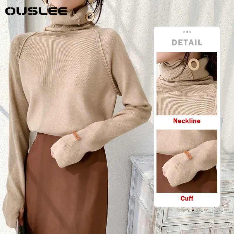 ouslee cotton turtleneck women sweater autumn winter elegant slim female knitted pullover casual stretched sweaters jumper femme free global shipping