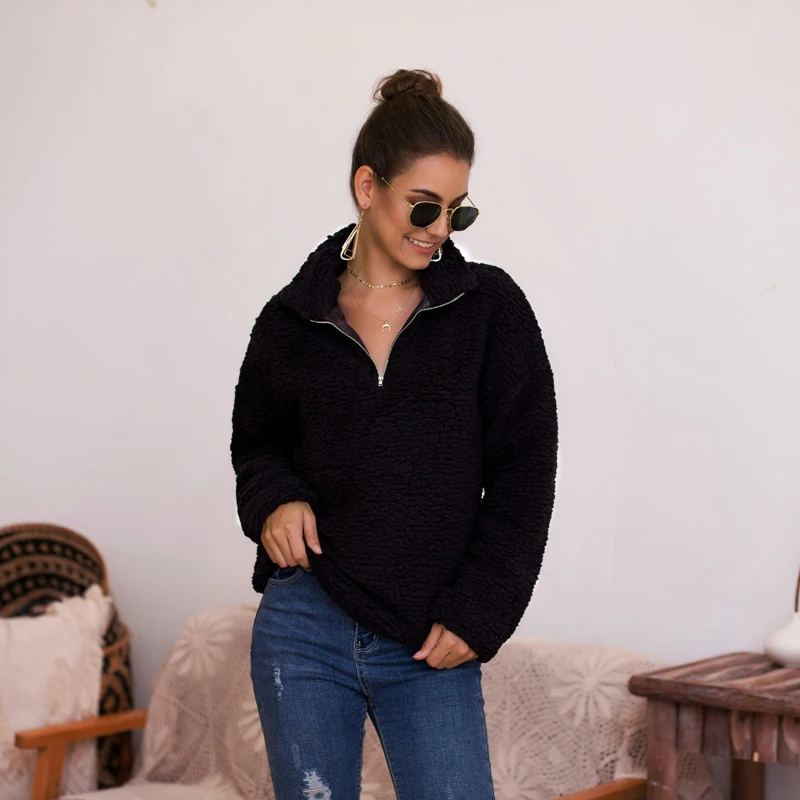 Женские теплые однотонные топы с длинными рукавами на молнии флисовая толстовка