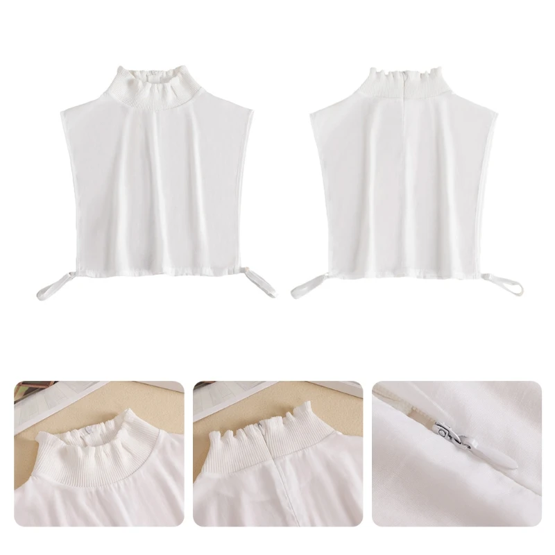 

KLV Women Ribbed Ruffled Turtleneck Half Top Blouse Dickey Back Zipper Detachable False Fake Collar Solid Color Neck Warmer