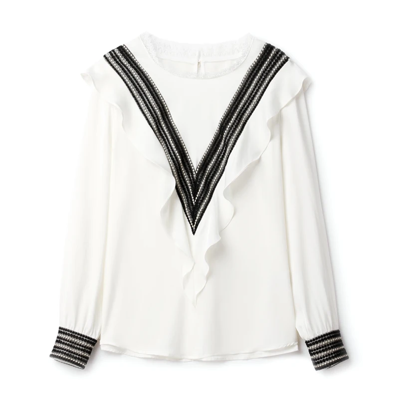

93% Silk 7% Spandex Women's Shirt O Neck Lace Piping Ruffles Sexy Key Hole Fashion Blouse Camisa Tops