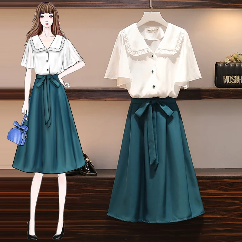 

plus size Summer office lady two piece set for women white solid top and long skirt set women elegant korean 2 pieces outfits