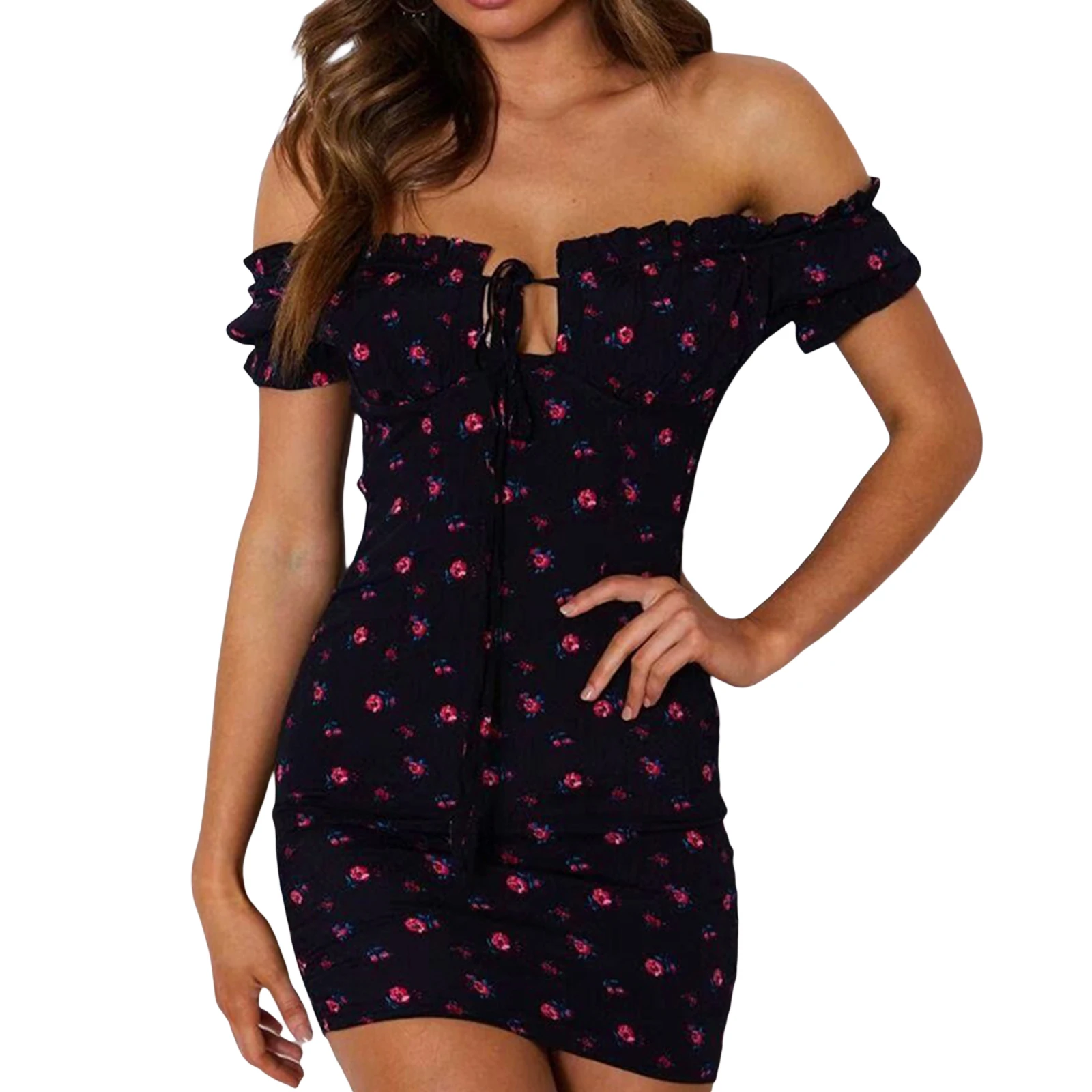 

Women Floral Dress Off Shoulder Tie Up Front Push Up Ruffle Mini Dress Lady Summer Casual Slash Neck Bodycon Pencil Dress