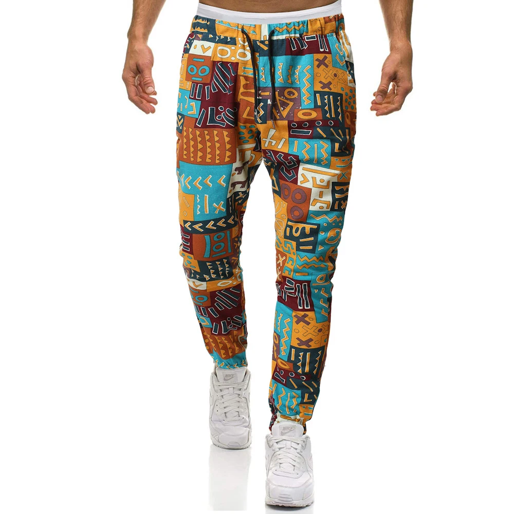 

Retro Print Pants for Men Drawstring Cotton Linen Casual Pants Spring Autumn Men Clothing Long Pencil Pants Male