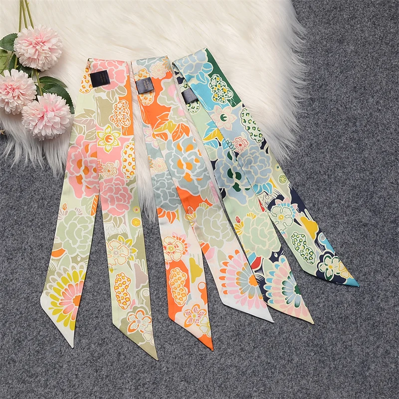 

New 100% Real Silk Scarf Women Luxury Hair Long Skinny Scarf,Neckerchief Handbag Hair Ribbon Scarf Bracelet Gift For Women