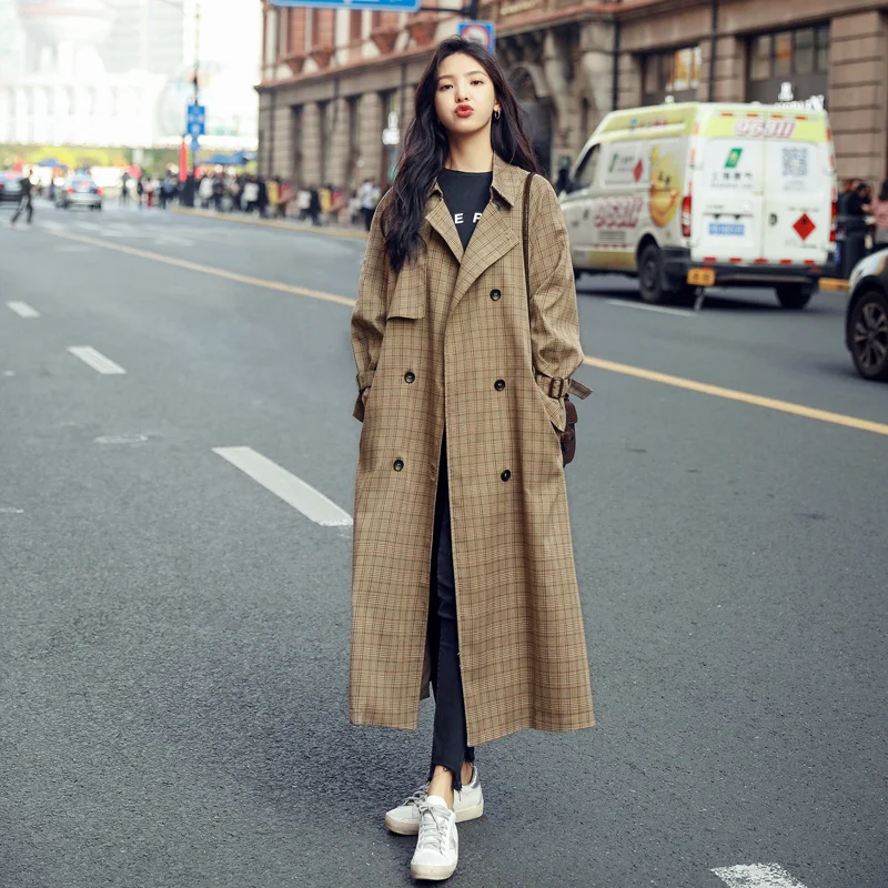 

Women Trench Coat Plaid Long Double-Breasted Duster Coat for Lady Oversize Loose Outerwear Spring Fall Clothes