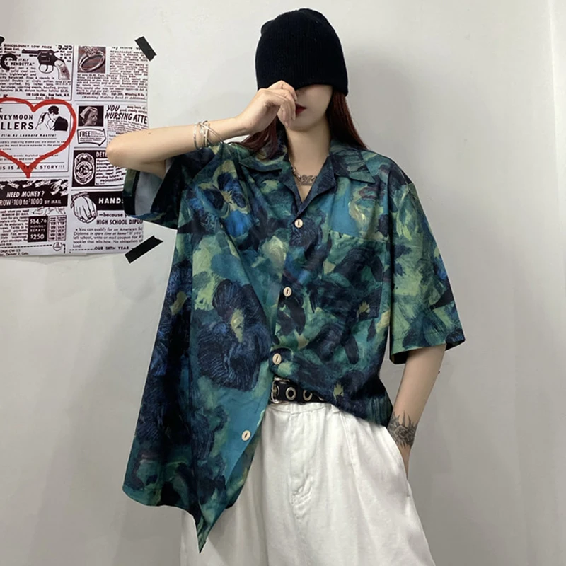 

CHICEVER Straight Print Shirt For Women Lapel Collar Short Sleeve Hit Color High Street Loose Blouses Female 2021 Fashion Summer