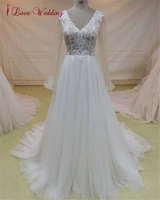 100 real custom lace apllique a line tulle wedding dress v neck sheer long sleeve open back gorgeous bridal gown robe de mari%c3%a9e