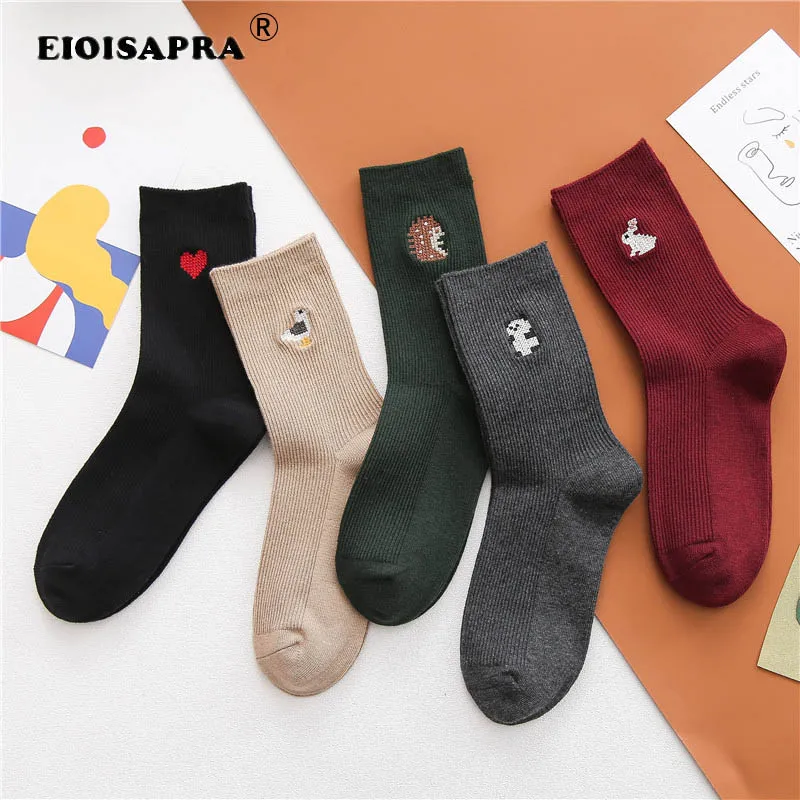 Осенне-зимние женские носки из чесаного хлопка с вышивкой милого мультяшного