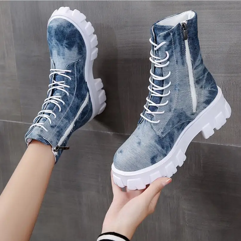

Fashion Women's high boots Autumn new thick bottom round head side zipper graffiti ripped canvas shoes Non-slip high-top boots