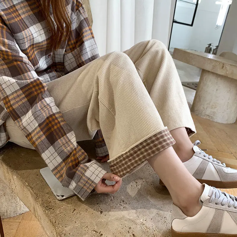 

Women Korean Fashion Beige Corduroy Pants Women Oversize High Waist Spring Autumn Pink Wide Leg Trousers For Female 2021 Joggers