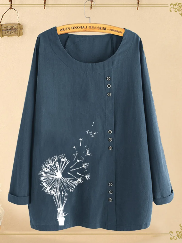 

Fashion Cotton And Linen Dandelion Printing O Neck Women's T Shirt Tops Casual Loose Spring Autumn Buttons Sunflower Ladies Tees
