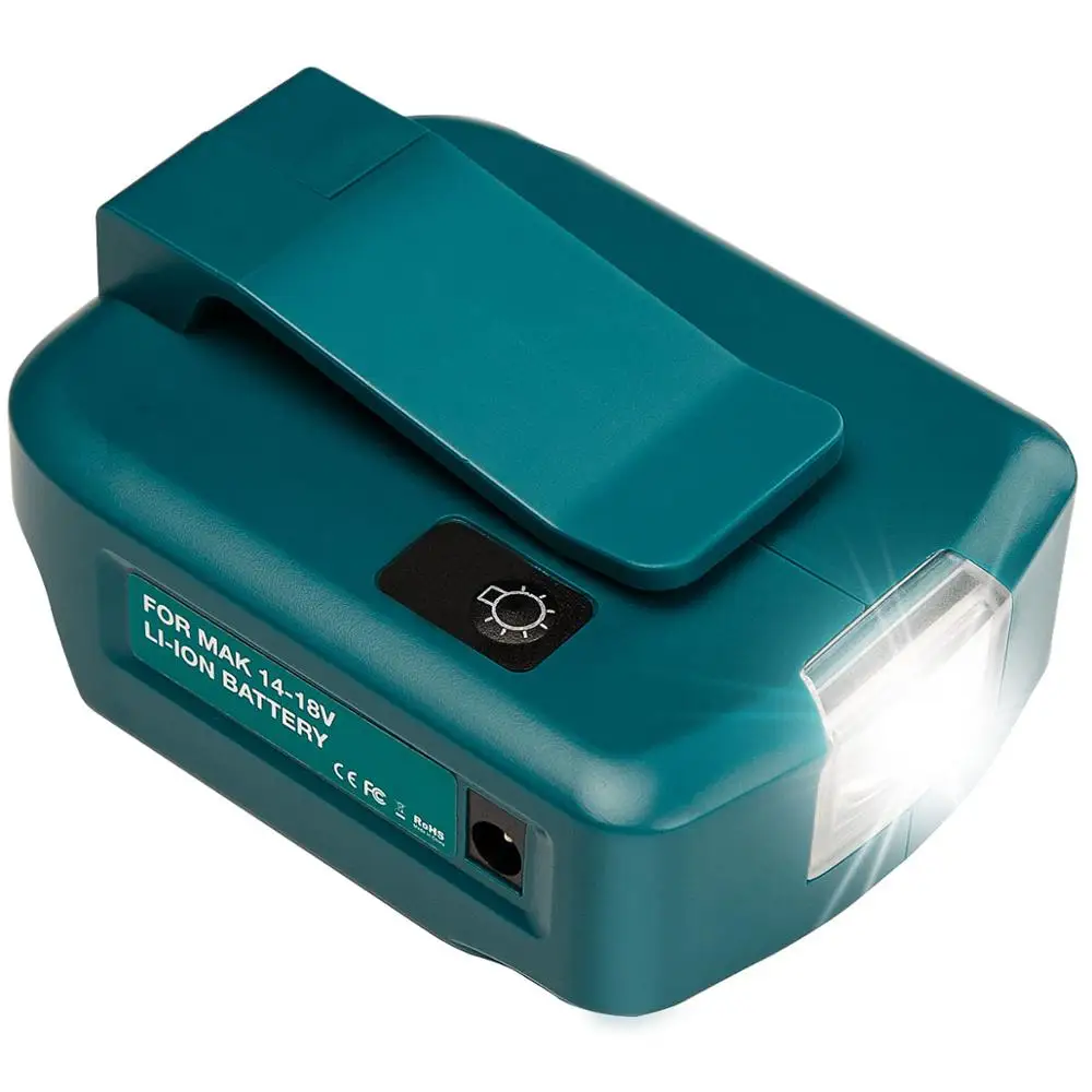 

14.4V/18V Li-on Battery Adapter for Makita Battery BL1430 BL1830 Dual USB Port with LED Light Spotlight Outdoor Flashlight