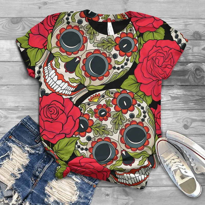 

2021 Harajuku plus size new street skull personality round neck top fashion hip-hop tide brand ladies short-sleeved T-shirt