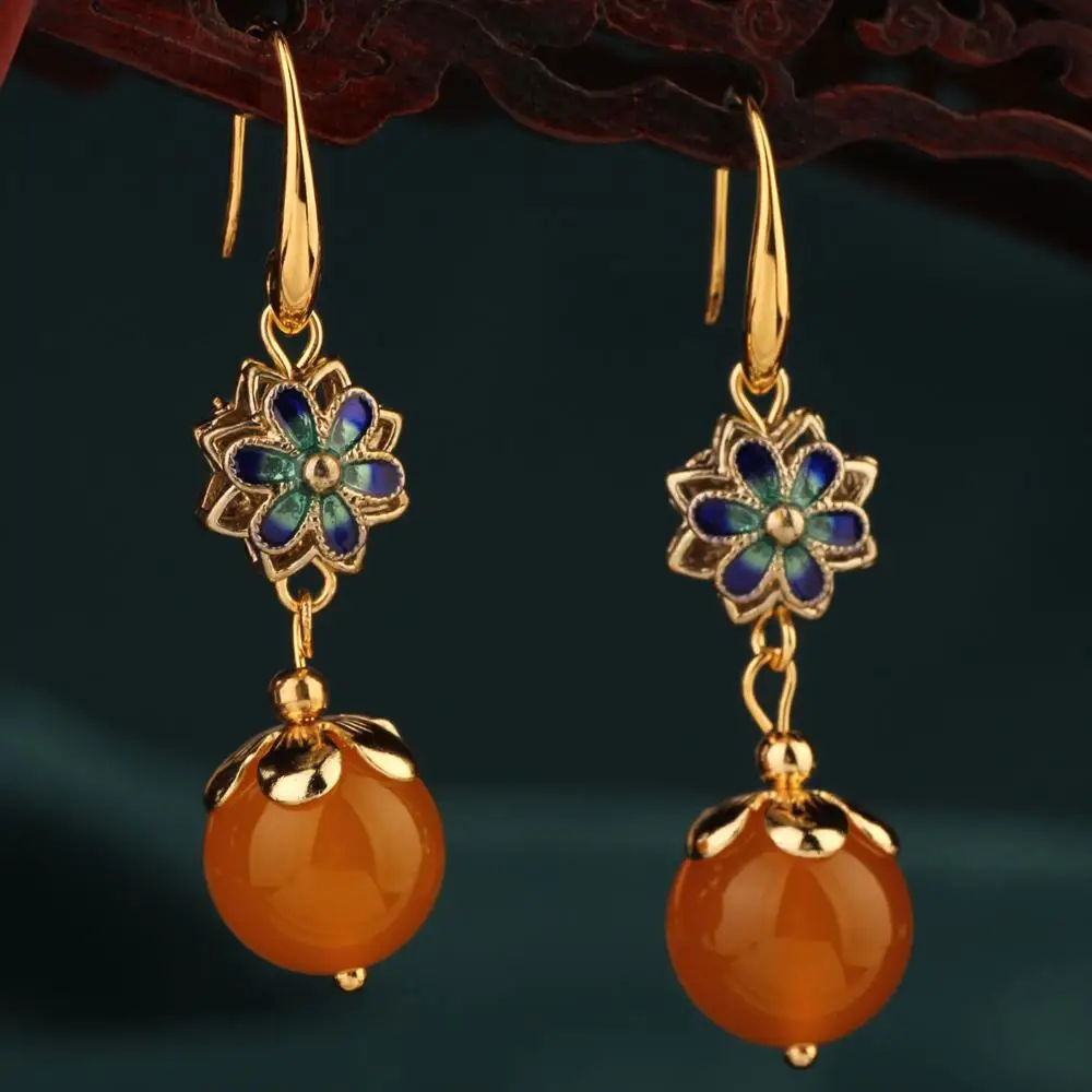 

2020 vintage green cloisonne flower drop earrings Retro green and orange earrings for women gift ethnic Jewelry