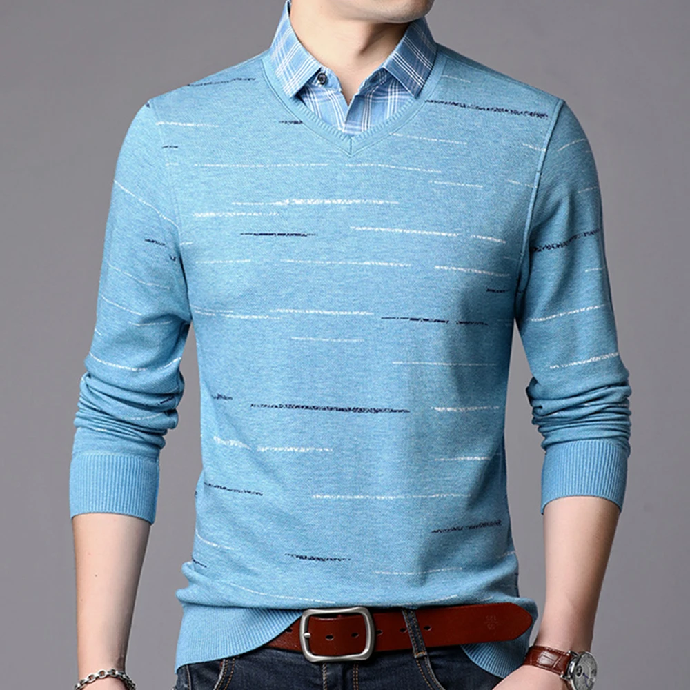 Shirt Collar Fake Two-piece Sweater Casual Men's Sweaters Pullovers Warm Fleece Long Sleeve Male Knittwear Tops Jumpers MZL056