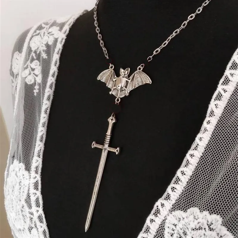 

Gothic Bat Sword Necklace Witch jewelry Sword black Crystal pendant long novelty fashion women men gift classical new 2020