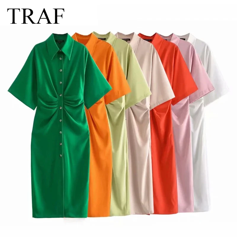 

TRAF Women's Clothing 2021 Dresses Summer Sexy Satin Party Dresses Elegant Single-Breasted Shirring Multicolor Vintage Dress