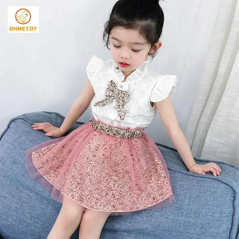 

OHMETOY HOT 2Pcs Children's Clothing Sets Skirt with Bow Shirt Summer Baby Kids Girl Outfits Fashion New Clothes 2T-6T