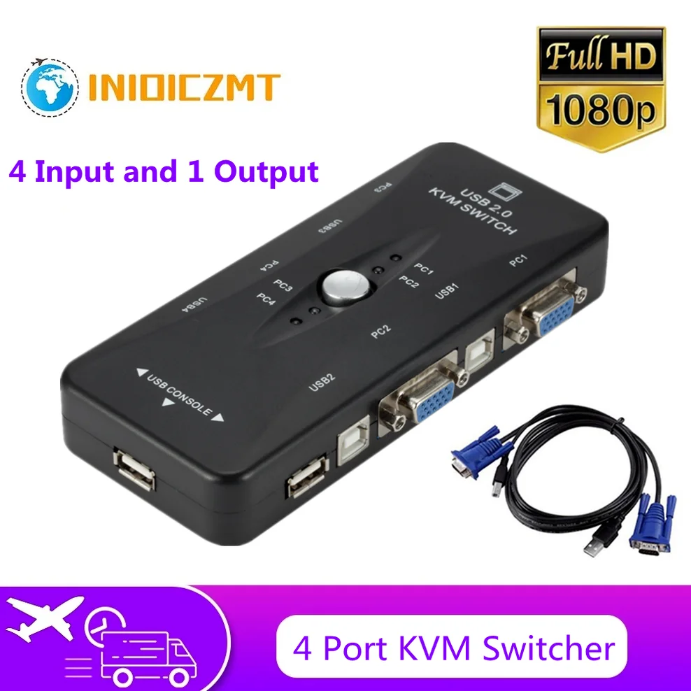 

Четырехпортовый KVM-переключатель INIOICZMT, USB 2,0, VGA-разветвитель, принтер, мышь, клавиатура, флеш-накопитель, коммутатор 1920*1440, VGA-переключатель, а...