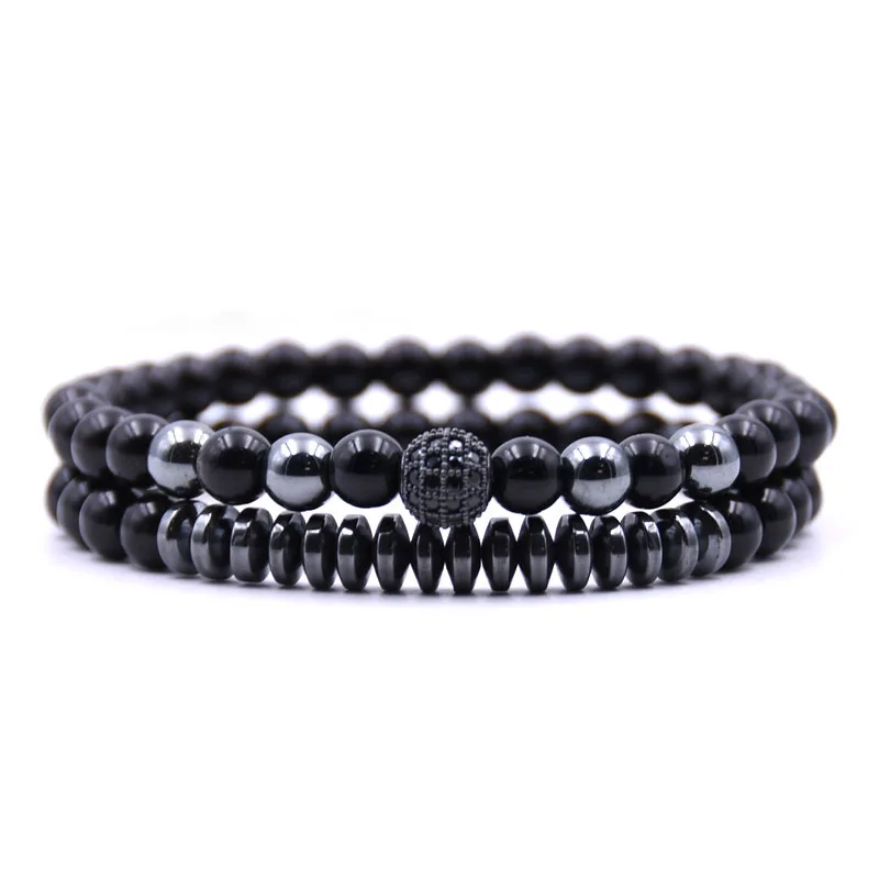 2 шт/комплект из натуральных камней черного мяч для мужчин бисер браслет Micro Pave CZ 6