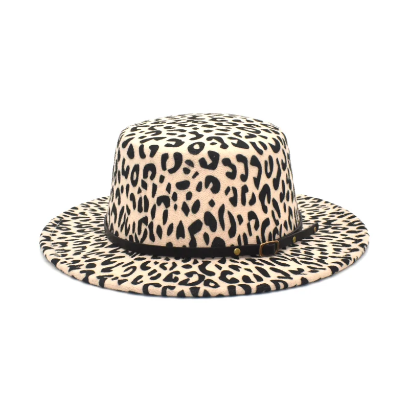 New Leopard Print Flat Top Bowler Hat Winter Autumn Wool Fedora Hat Women Wide Brim British Vintage Belt Jazz Hats P22