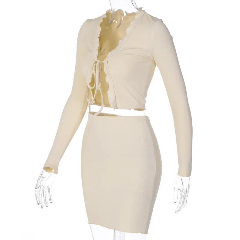 Solid Long Sleeve Two-piece set 2021 Slim Deep V-neck Drawstring Fit Crop Top and High Waist Skirt Mini Dress Casual Outfit |