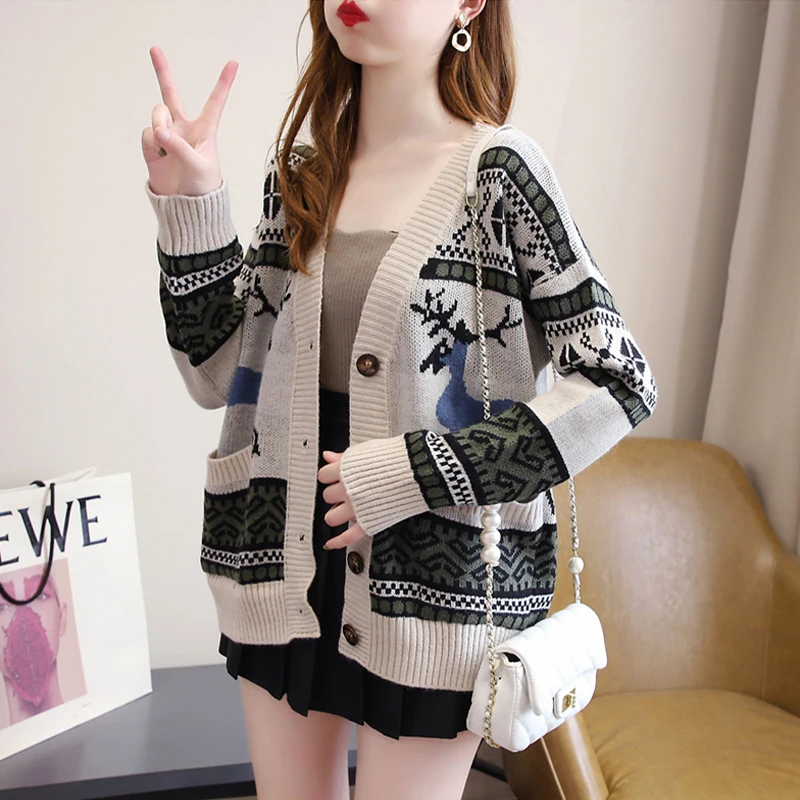 

Autumn Ladies Cardigan Sweater Jacket Fashion Loose Long Sleeve Cartoon Knitted Cardigan Casual Korean Style Women Cardigan Tops