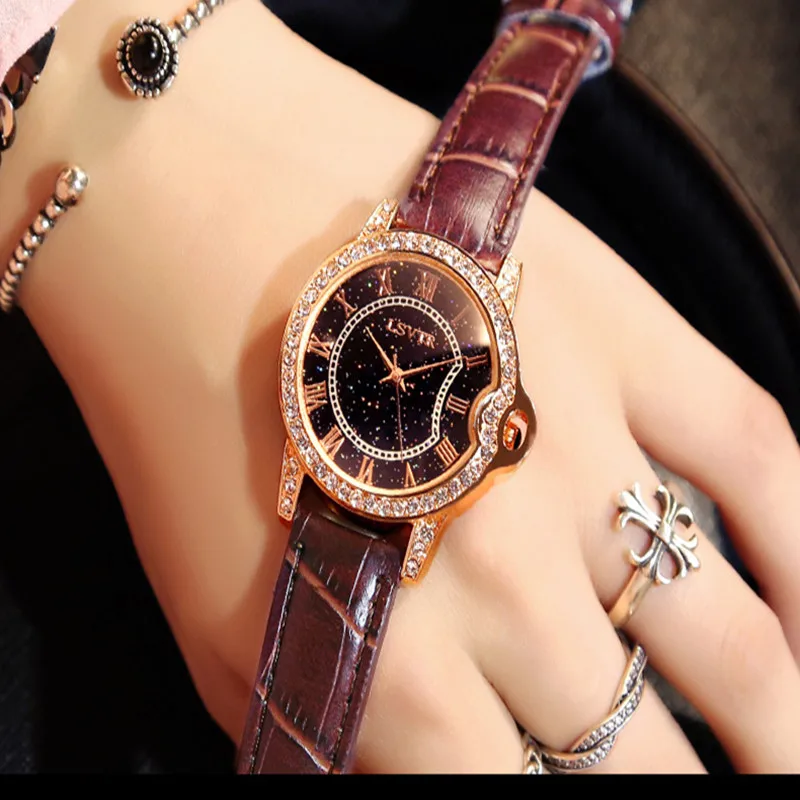 Часы наручные женские кварцевые из натуральной кожи роскошные модные со