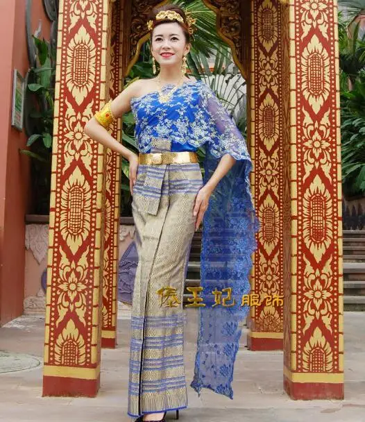 Thailand Traditional Clothing Women Festival dress Thai Summer Water-Splashing Suit Blue