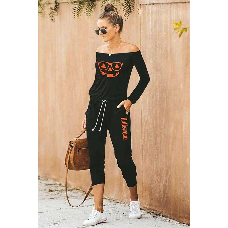 

2020 Funny Black Halloween Jack O Lantern Print Jumpsuit wWomen Vetement Femme Ropa De Mujer Combinaison Femme Pantalon XL