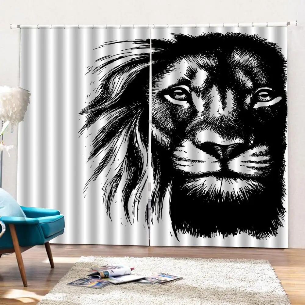 Занавеска для детской комнаты с изображением животных черного льва плотные