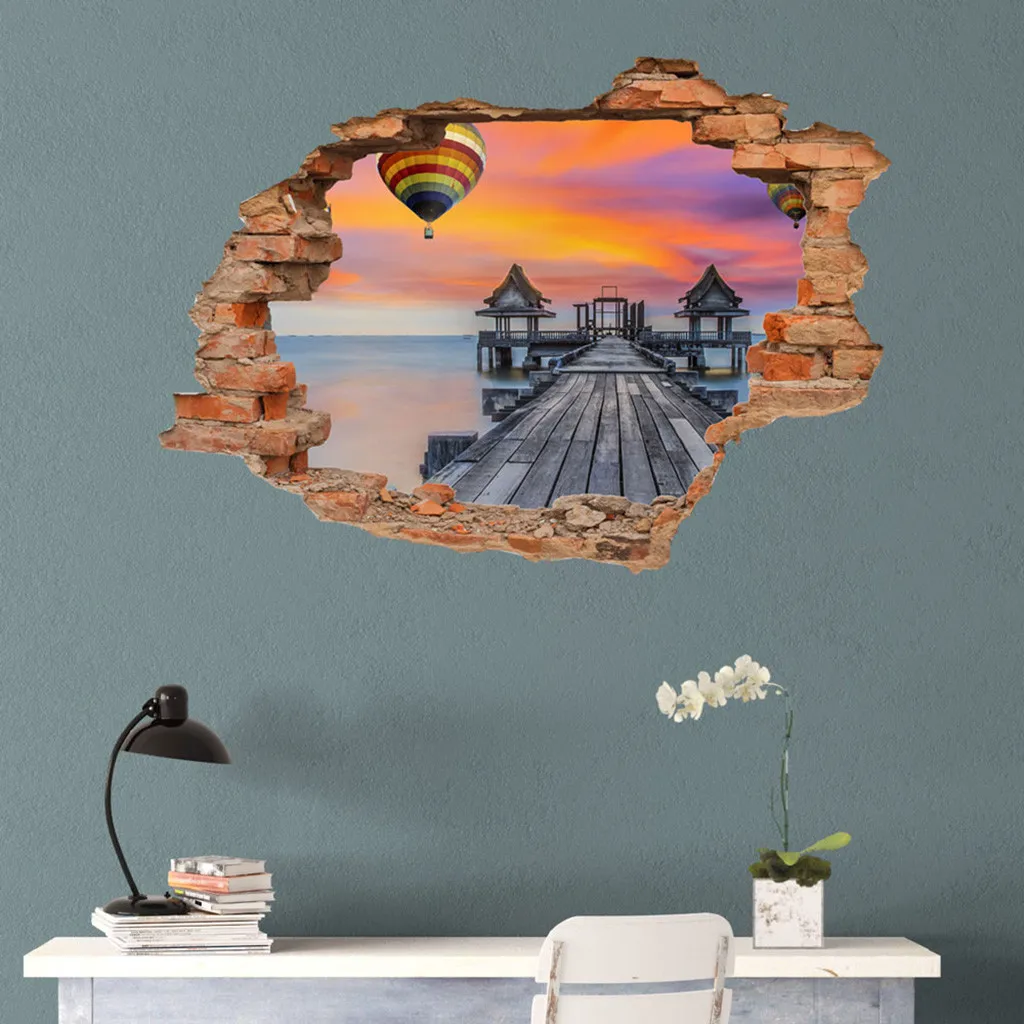 KAKUDER Wall Sticker landscape Ocean Blue Sky 3D Effect Painting Window Hole Home Decals Decor #2 | Дом и сад