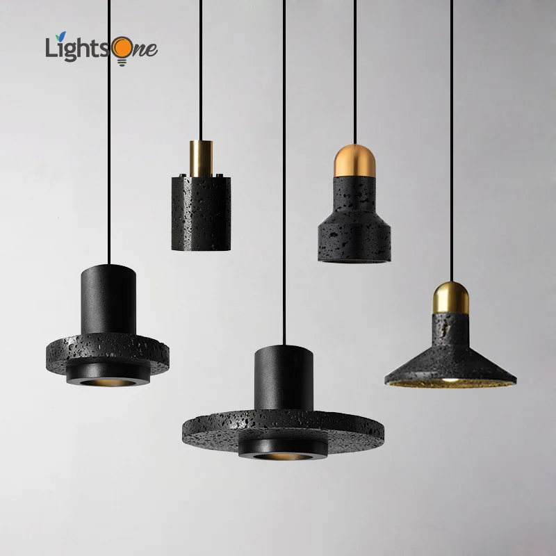 

High-end black travertine cement terrazzo pendant light industrial wind post-modern personality hat light