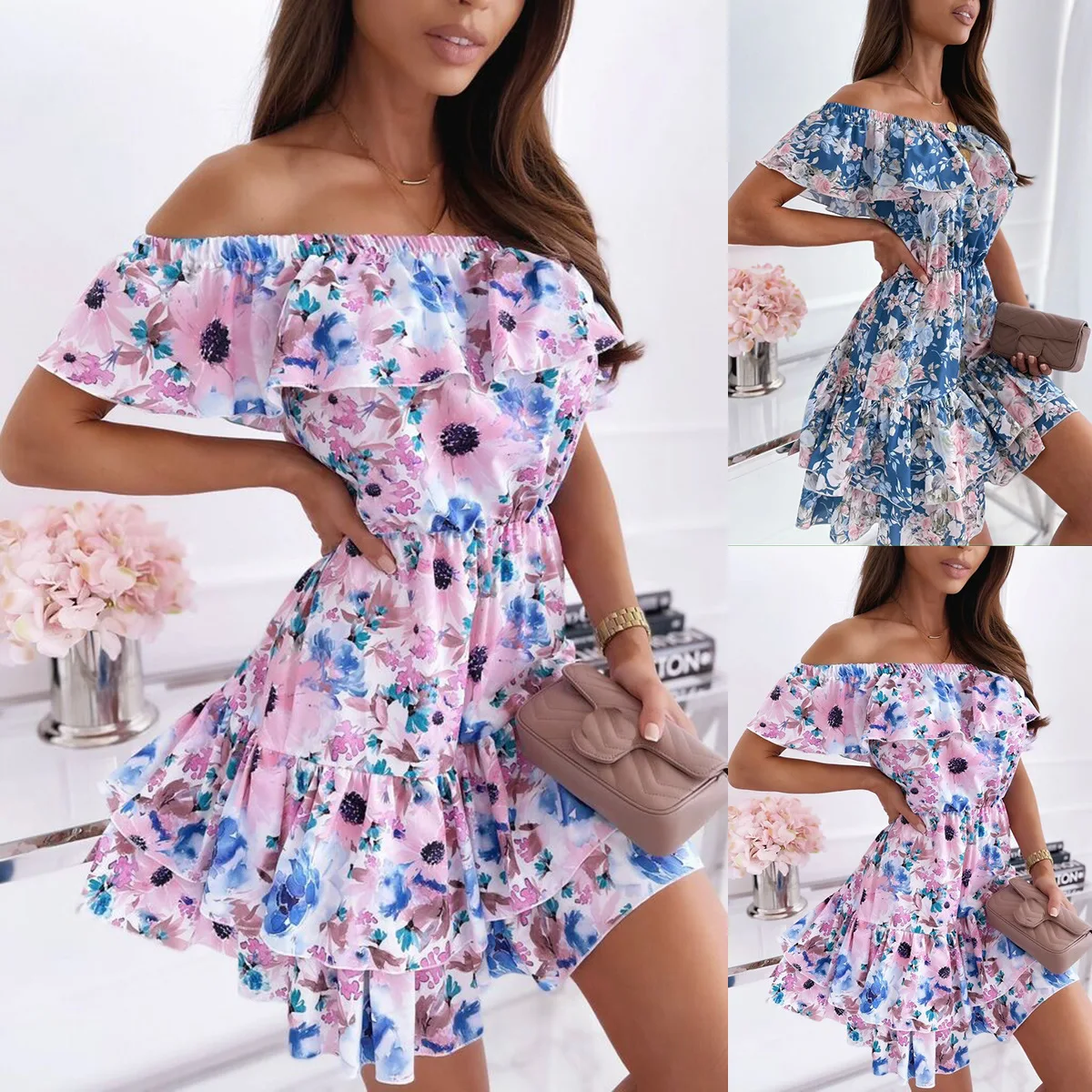 

Sexy Summer Print Short Sleeve Dress Women Casual Ruffle Elegant Woman Dress 2021 One Word Collar Off Shoulder Party Vestidos