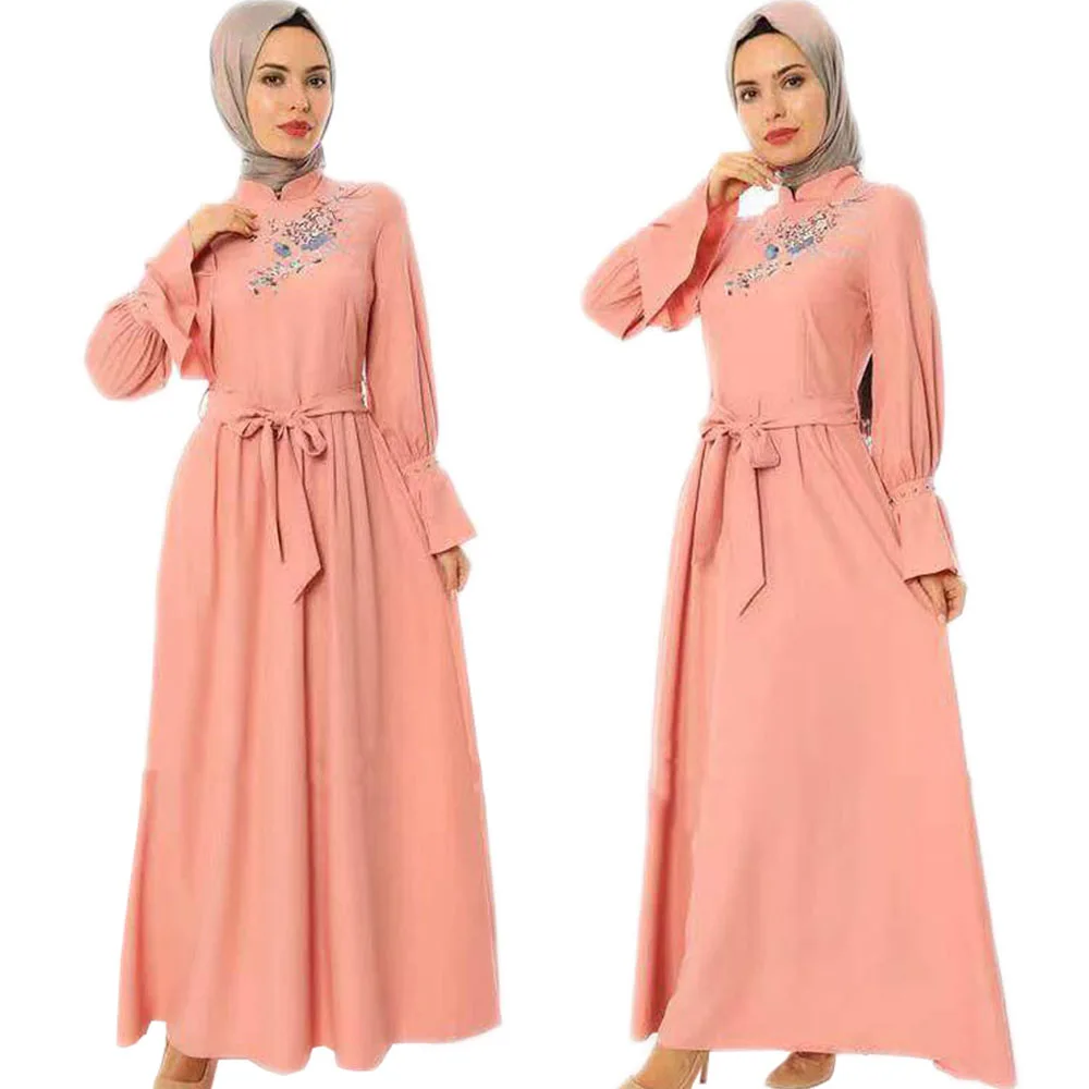Дубай Ближний Восток вышивка длинное платье для женщин турецкий мусульманская одежда арабский Flare рукав макси платье халат Рамадан Весна