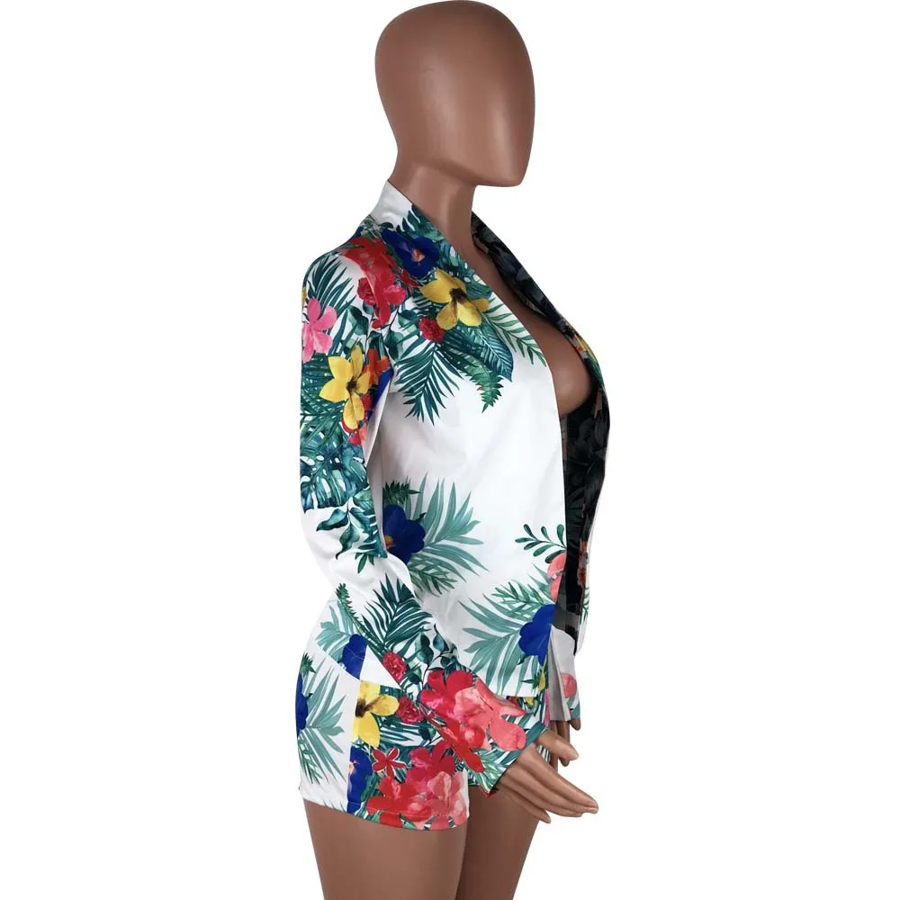 

Floral Printed Long Sleeves Coat & Shorts Women Suit Hot Selling European and American Sexy Style Two Piece Set