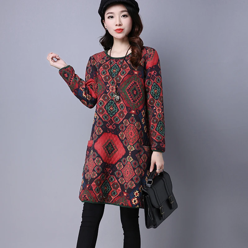 

2019 New Autumn Winter Cotton Linen O-Neck Dress Women Casual Large size Loose Warm vintage Print Long Sleeve dress cc1623