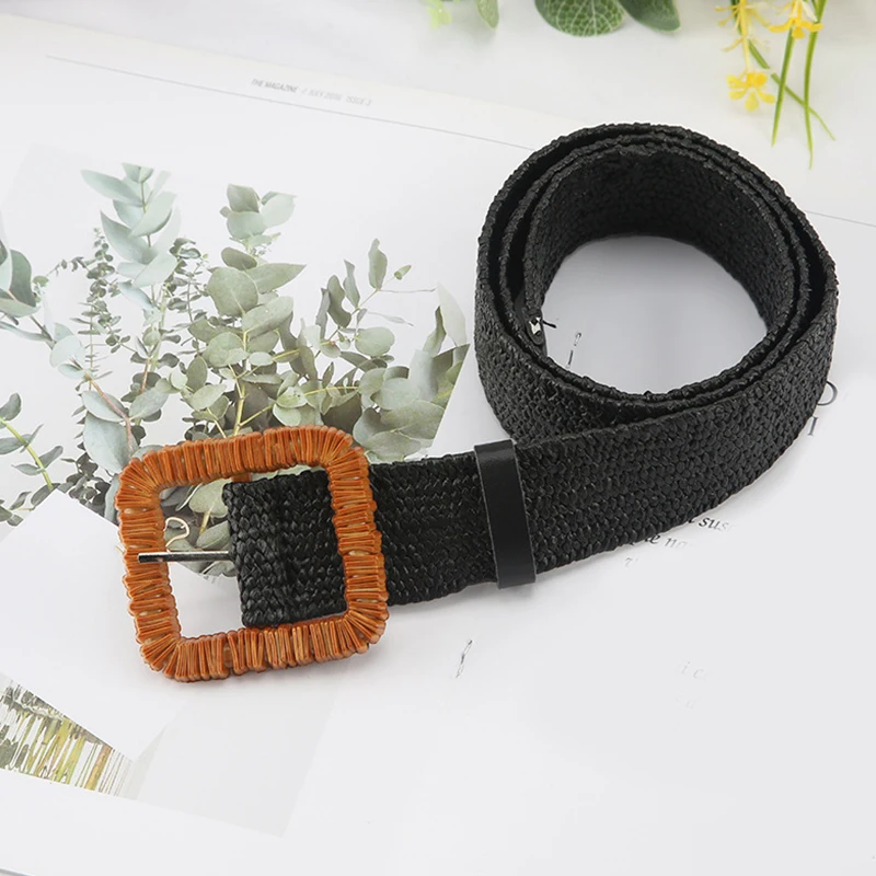 

Female Casual Waistband For Dress Coat Women Wide Braided Belt Retro Ethnic Wind Waist Belts Pin Buckle Fake Straw Weave Belt