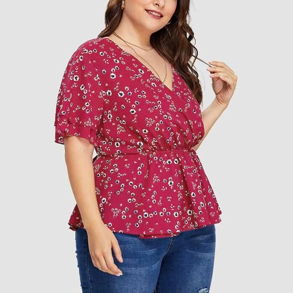 Новые блузки для женщин топ размера плюс v-образный вырез короткий рукав оборки