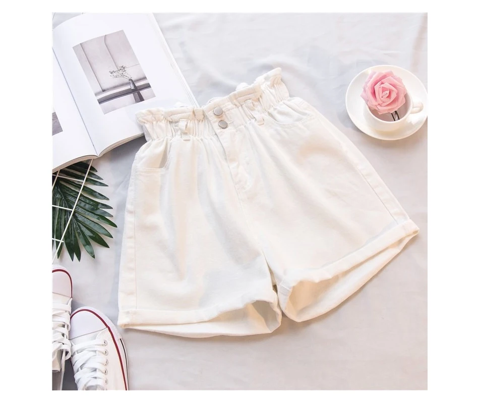 

Summer Black Women's Jeans Shorts Large Pleated White High Waist Elastic Waist Jeans College Korean Casual A-type Shorts
