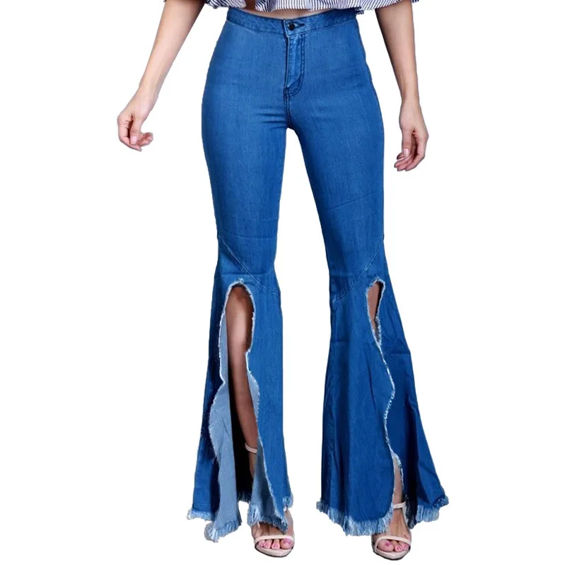 

VIYUGUO 2020 women's jeans casual slim fit stretchy denim high waist jeans fashion Split design Flare Pants blue Trousers Women